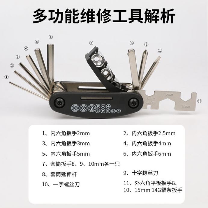 绿源LYVA电助力自行车多功能便携工具包折叠螺丝刀扳手内六角十字
