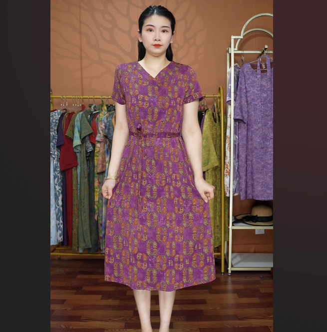 【紫香花格】国风妈妈装宽松连衣裙高档中年女装秋夏季优雅气质长裙