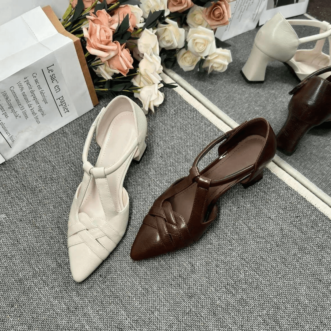 5cm仙女风镂空格子中跟包头时装凉鞋纳帕皮欧若智性风H