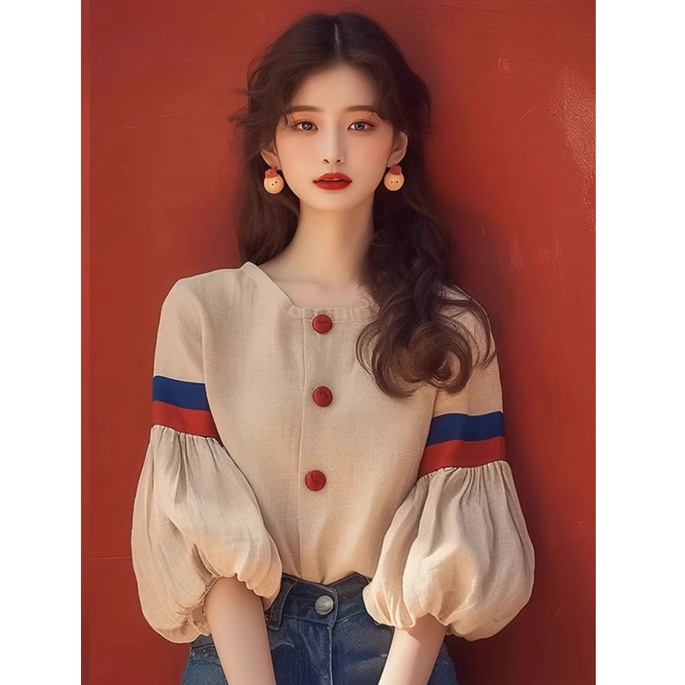 2025春夏新款法式小众设计独特好看洋气减龄杏色灯笼衬衫小香风爆