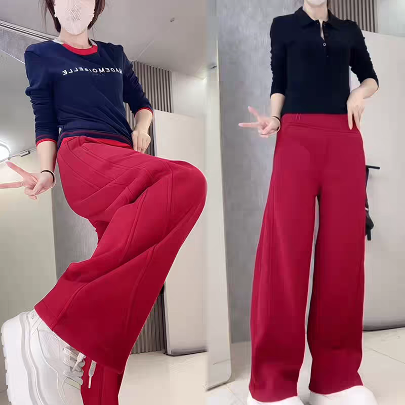 休闲纯色显瘦弯刀裤冬季女士时尚休闲裤阔腿裤高腰长裤百搭加绒