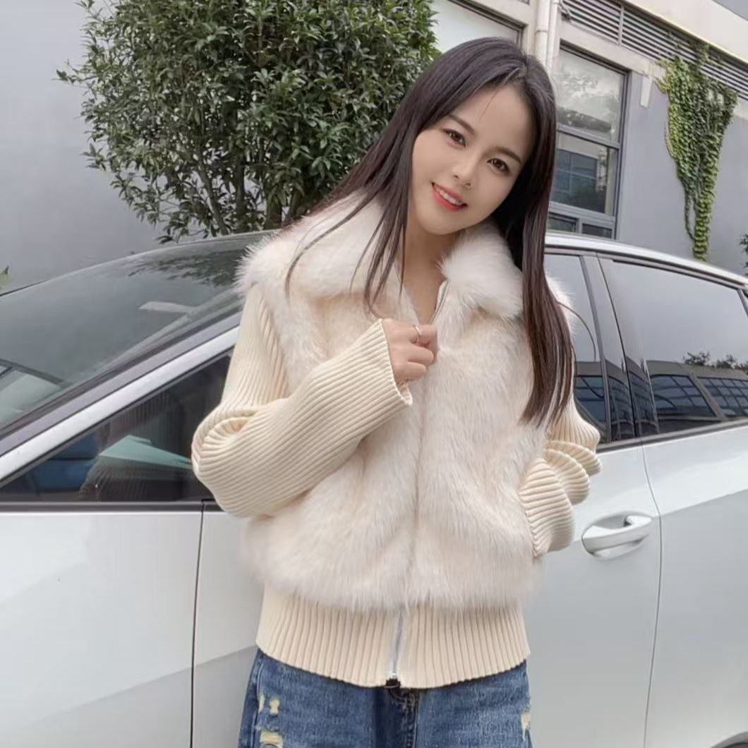 秋冬新款狐狸毛马甲针织拼接可拆卸袖子翻领外套显瘦百搭爆款