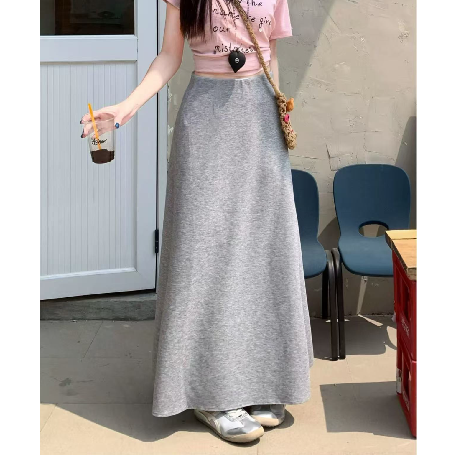 【运补8】高腰灰色半身裙长款显瘦空气层伞裙女夏季垂感宽松百搭