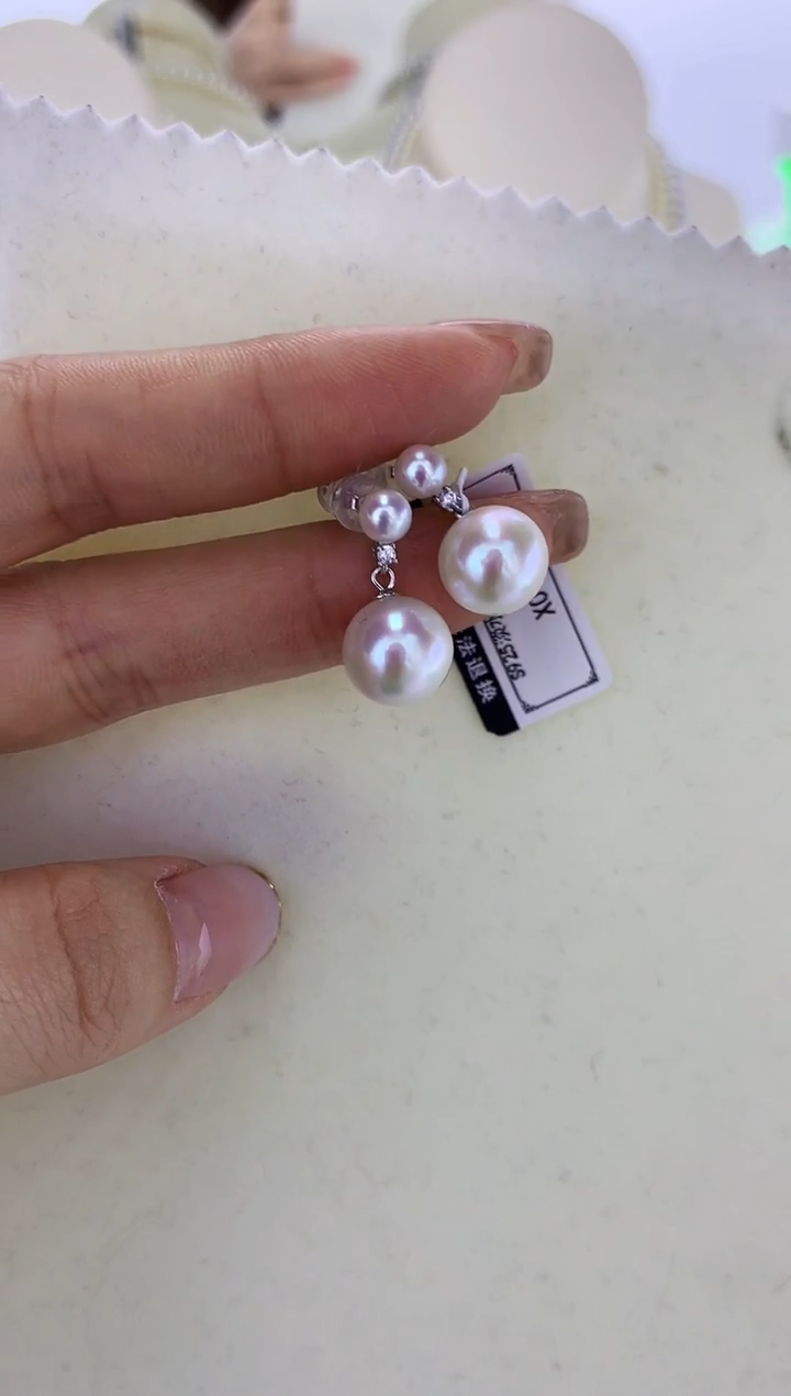银S925镶嵌DA淡水珍珠 双柱耳钉 X099
