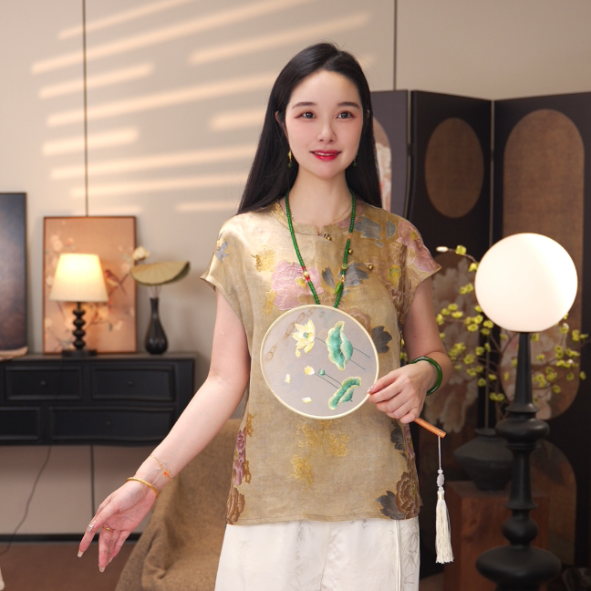 【金牡丹短款】2025新中式国风高级感T恤女装夏季短袖斜襟上衣
