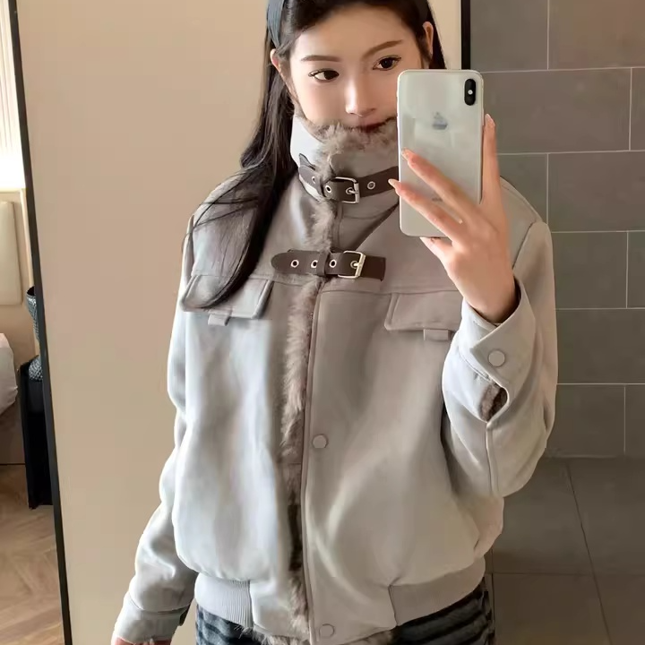 美式麂皮绒毛领拼接加绒座山雕棉服外套男冬季加厚立领机车服夹克