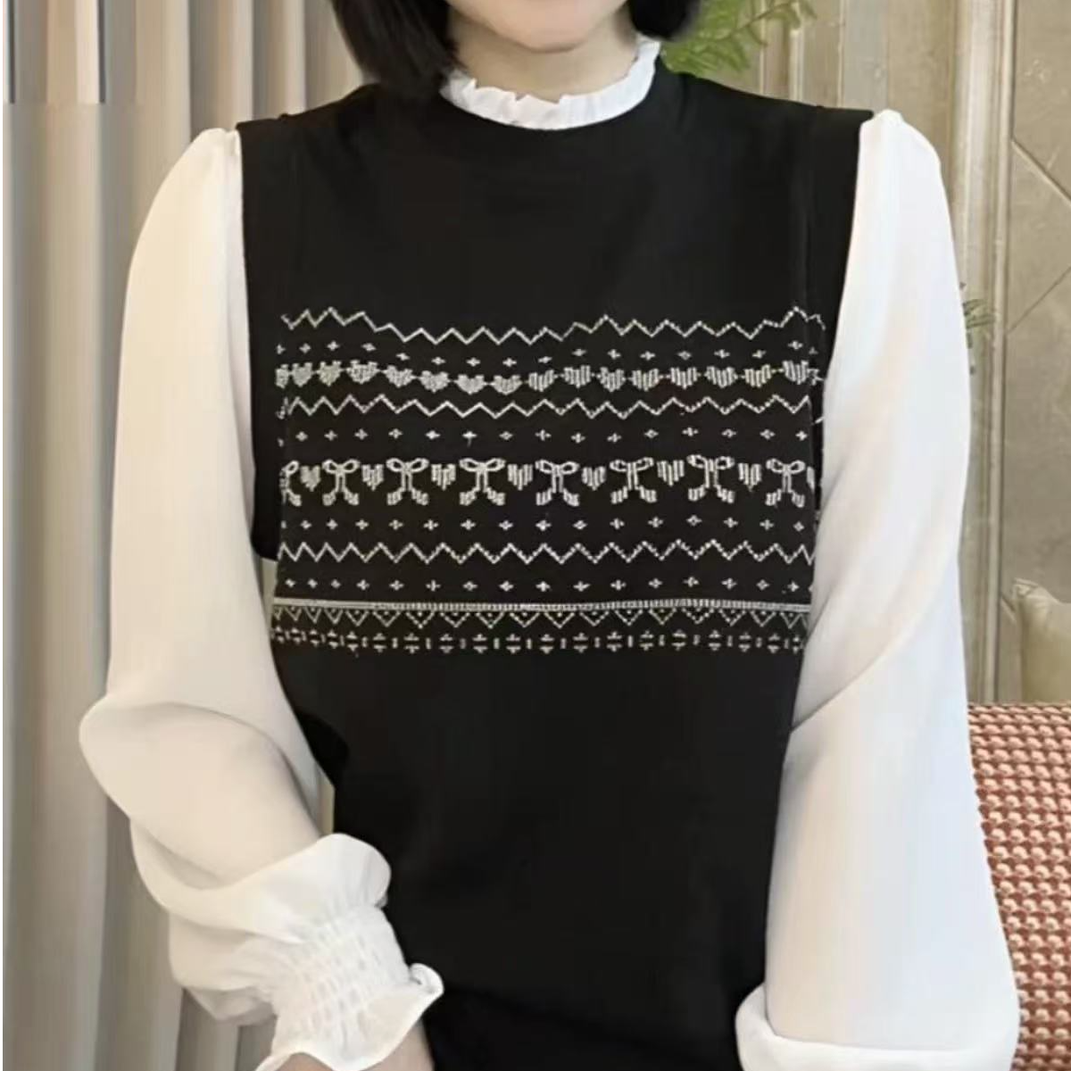 659-雪纺袖针织拼接衬衫