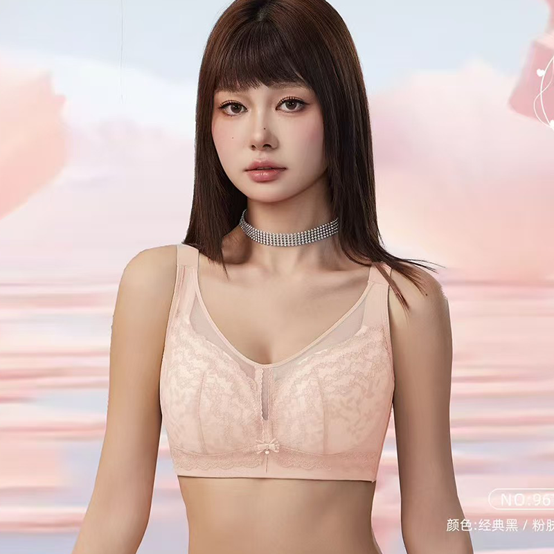 夏季薄透气D杯大码文胸大胸显小无钢圈聚拢收副乳防外扩内衣蕾丝