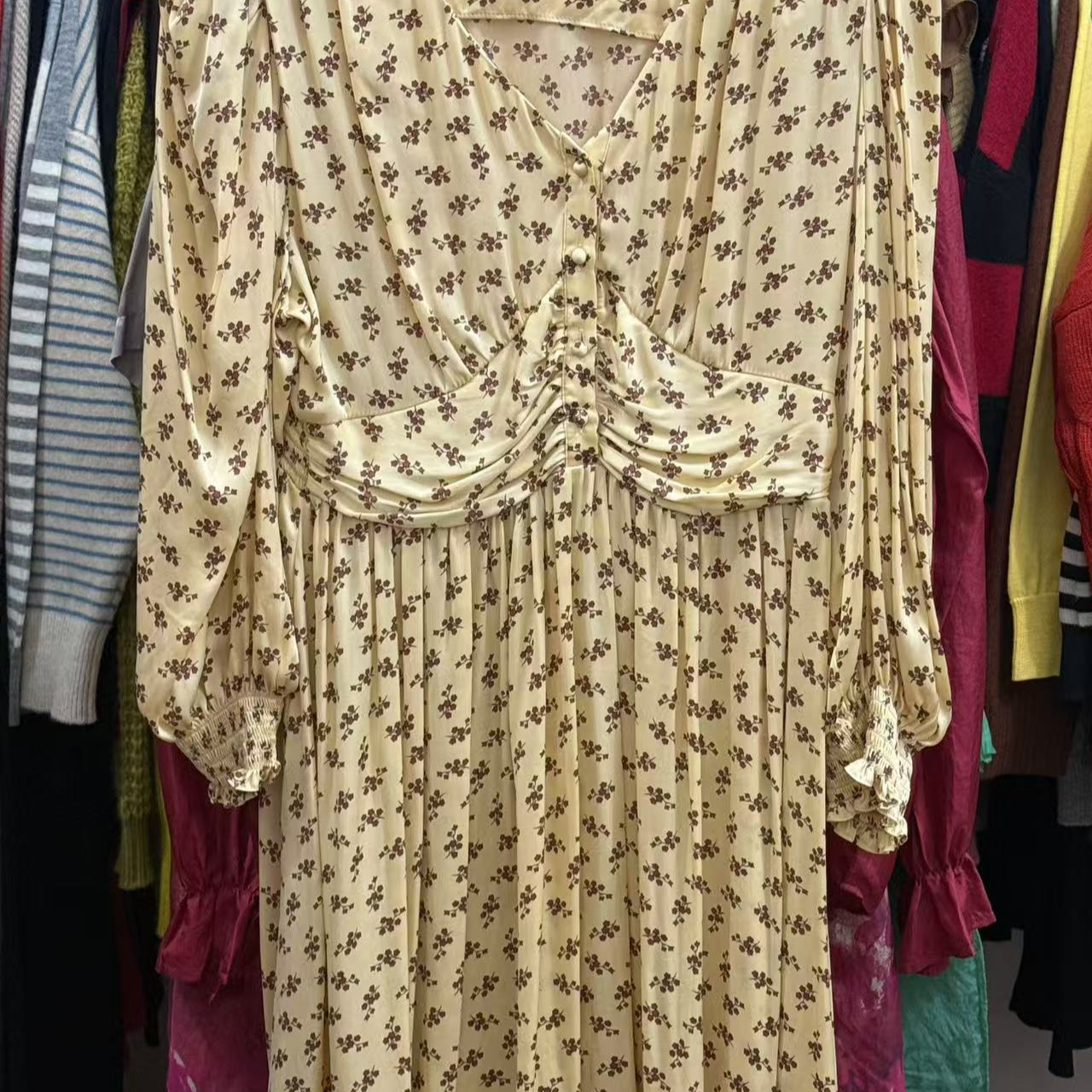 古着真丝桑蚕丝碎花连衣裙长款显瘦气质长裙裙子上衣长袖时尚百搭