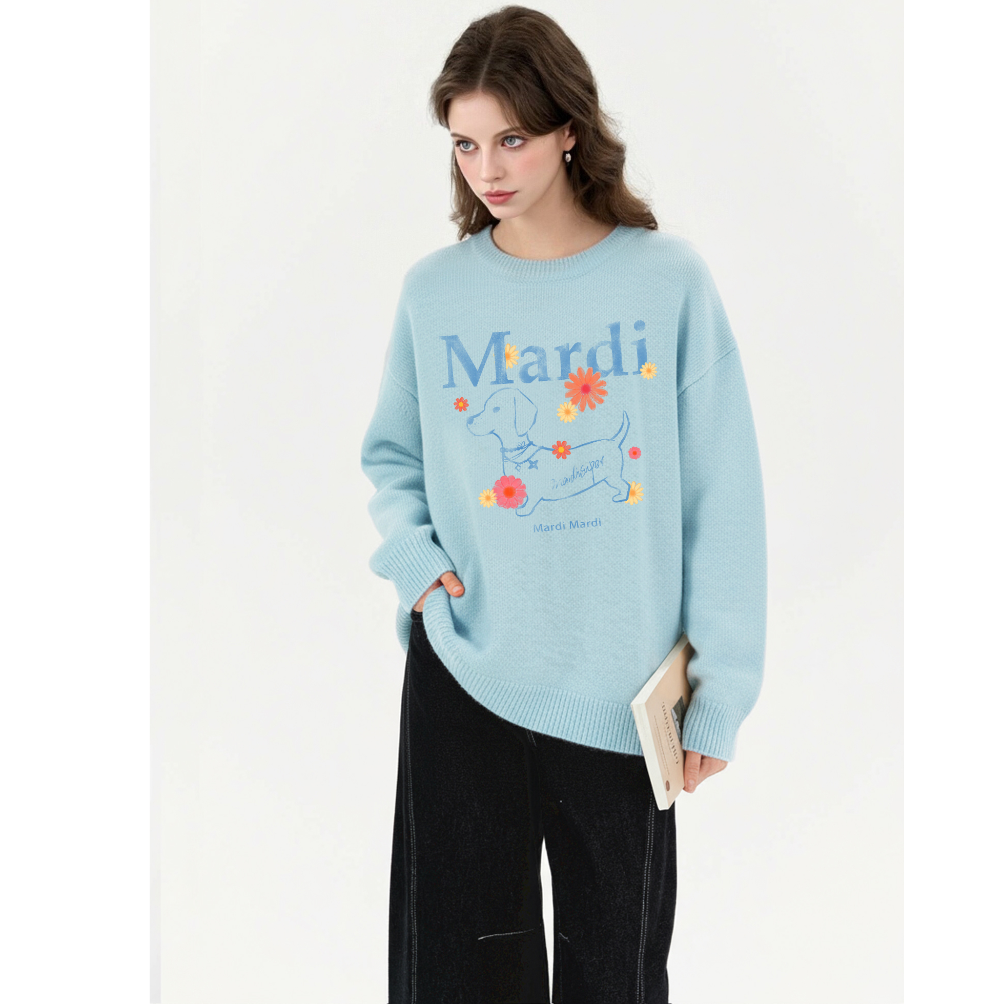 Mardi冬季新款腊肠狗小雏菊毛衣休闲毛针织衫秋冬宽松长袖上衣