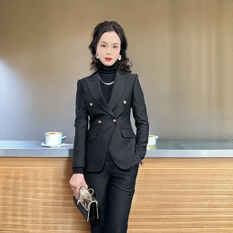组合【藏青暗纹/黑色】春秋新款双排单扣抗皱时尚修身款2025女套西