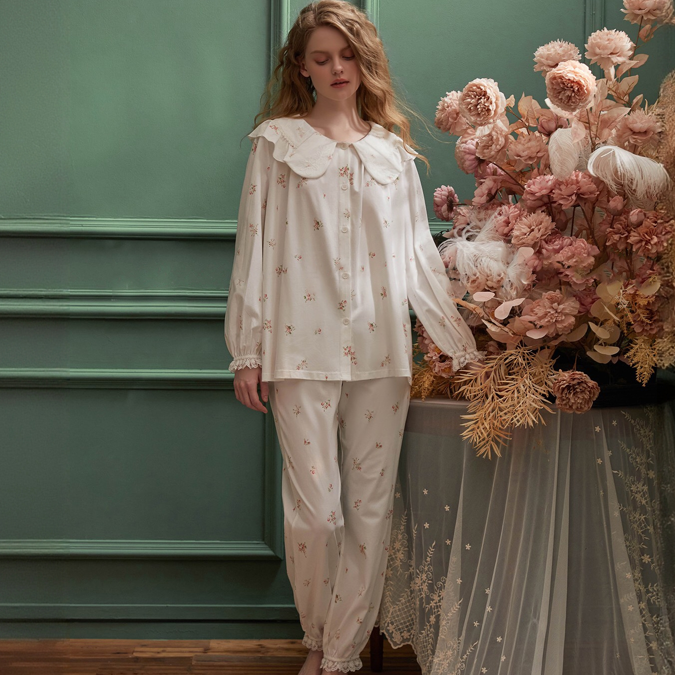 常规四季款长袖碎花睡衣娃娃领家居服套装甜美公主风宽松9389