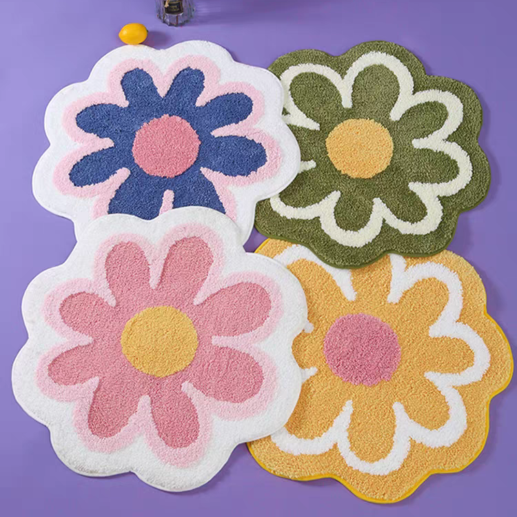 60*60cm彩色花朵圆形地毯植绒防滑装饰地毯可机洗