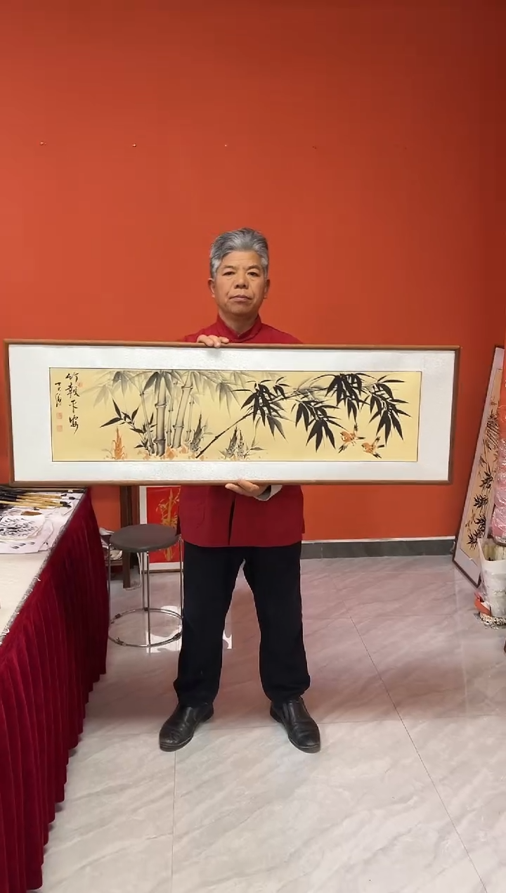书法张富民手绘作品/横幅 竹报平安//122*40古宣（（乌檀木外框）