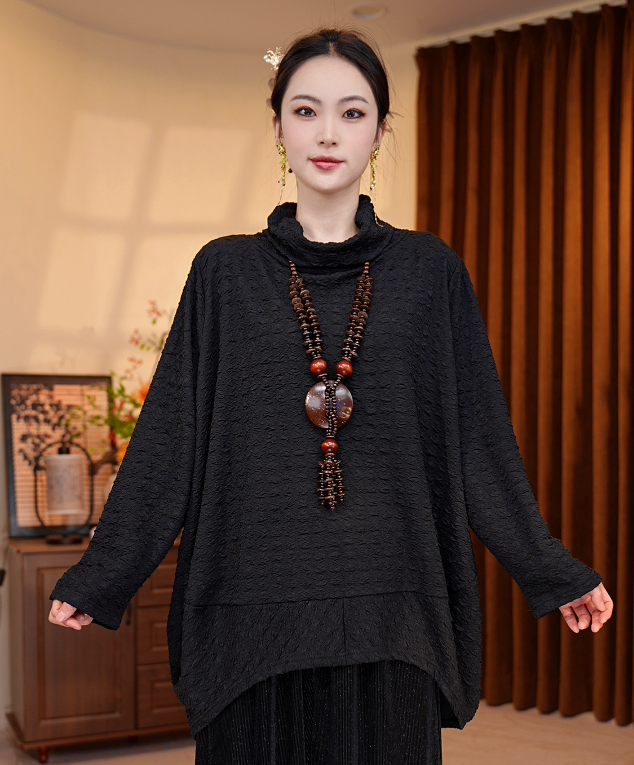 195/木耳边套头民族风T恤中国风时尚宽松型提花拼接