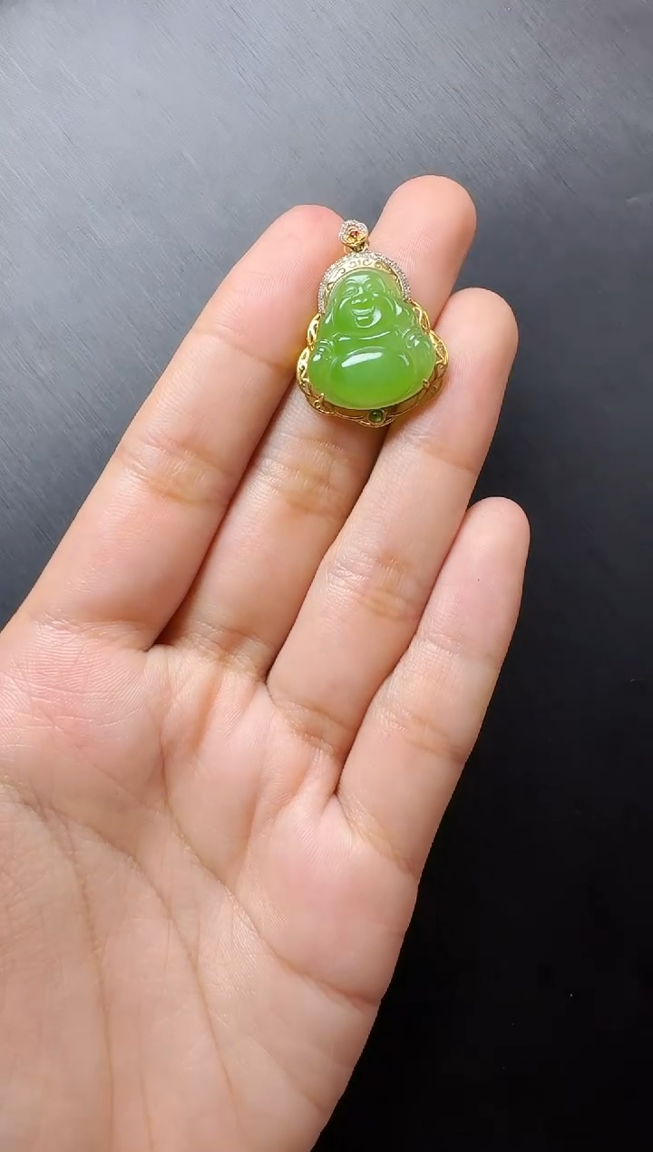 和田玉18K金镶嵌颈饰佛公03
