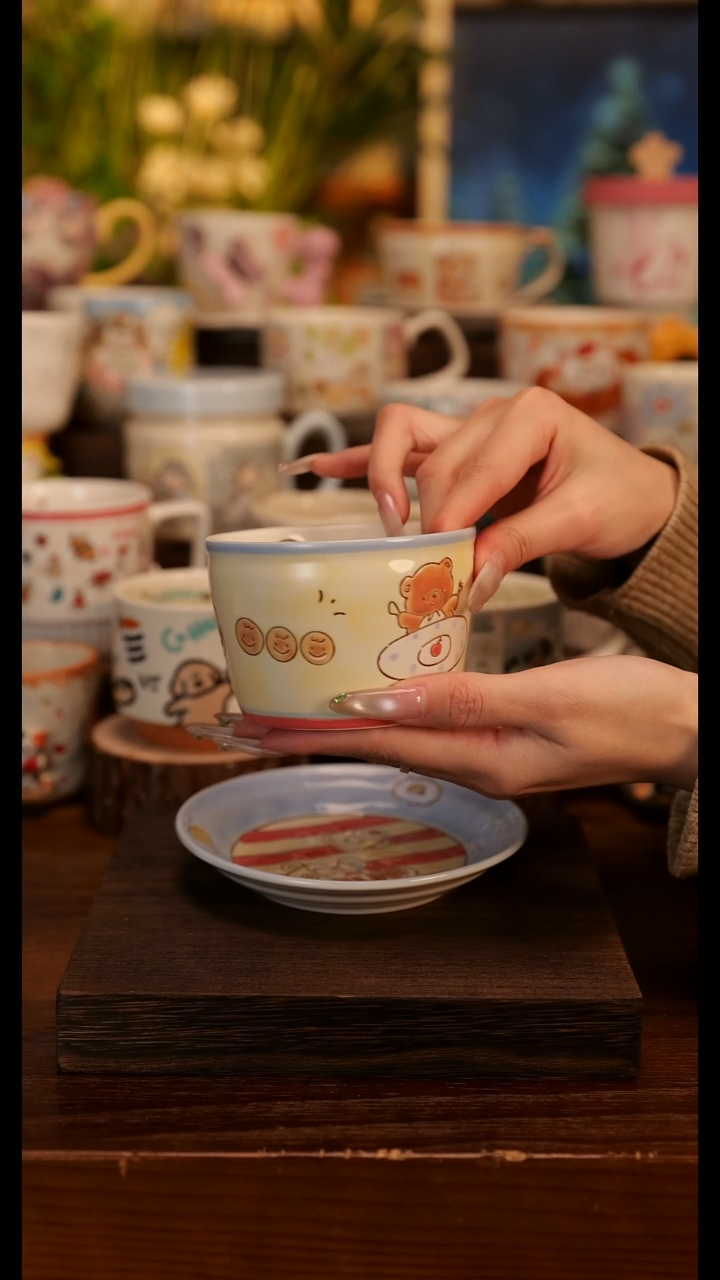 陶瓷手柄款面包小熊   杯碟一套  