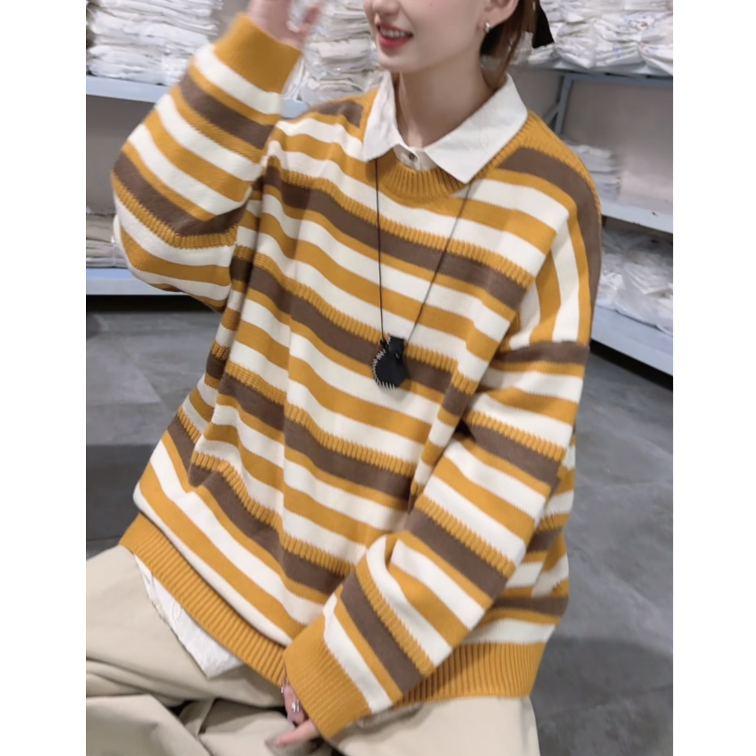 韩系大版撞色条纹圆领抗起球针织衫慵懒宽松百搭套头毛衣外搭女