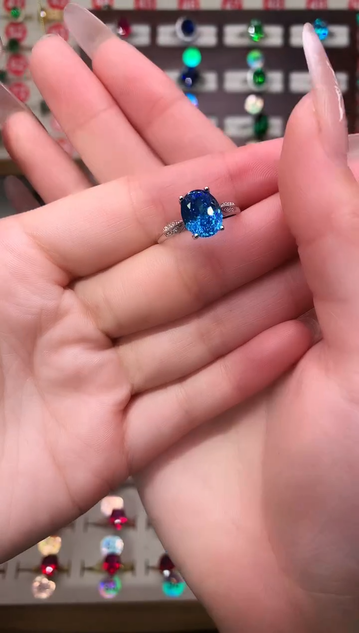 银S925镶嵌戒圈海蓝宝石8*10 银托