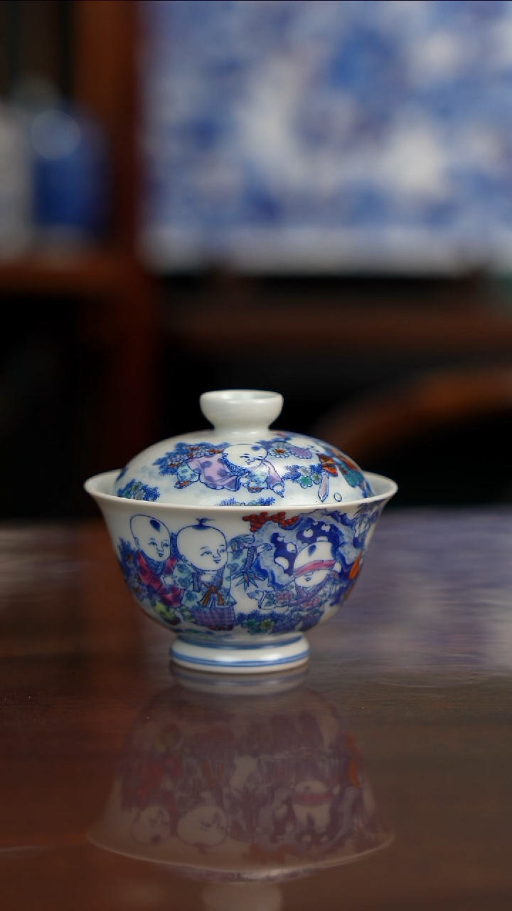 空山明月新斗彩童子盖碗