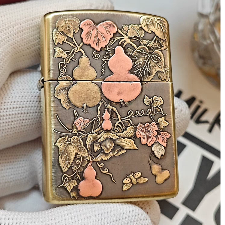 Zippo打火机铜盔甲镶紫铜五福葫芦332