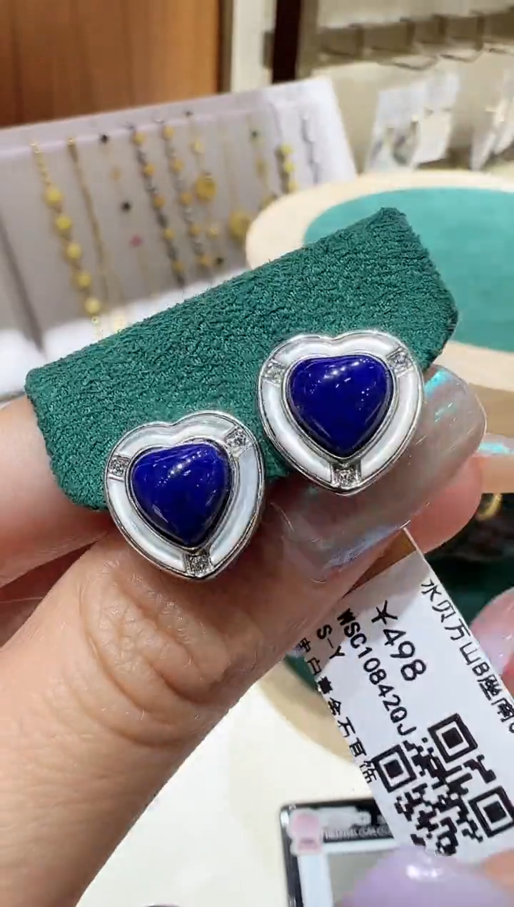 银S925镀金镶嵌青金石耳饰@@