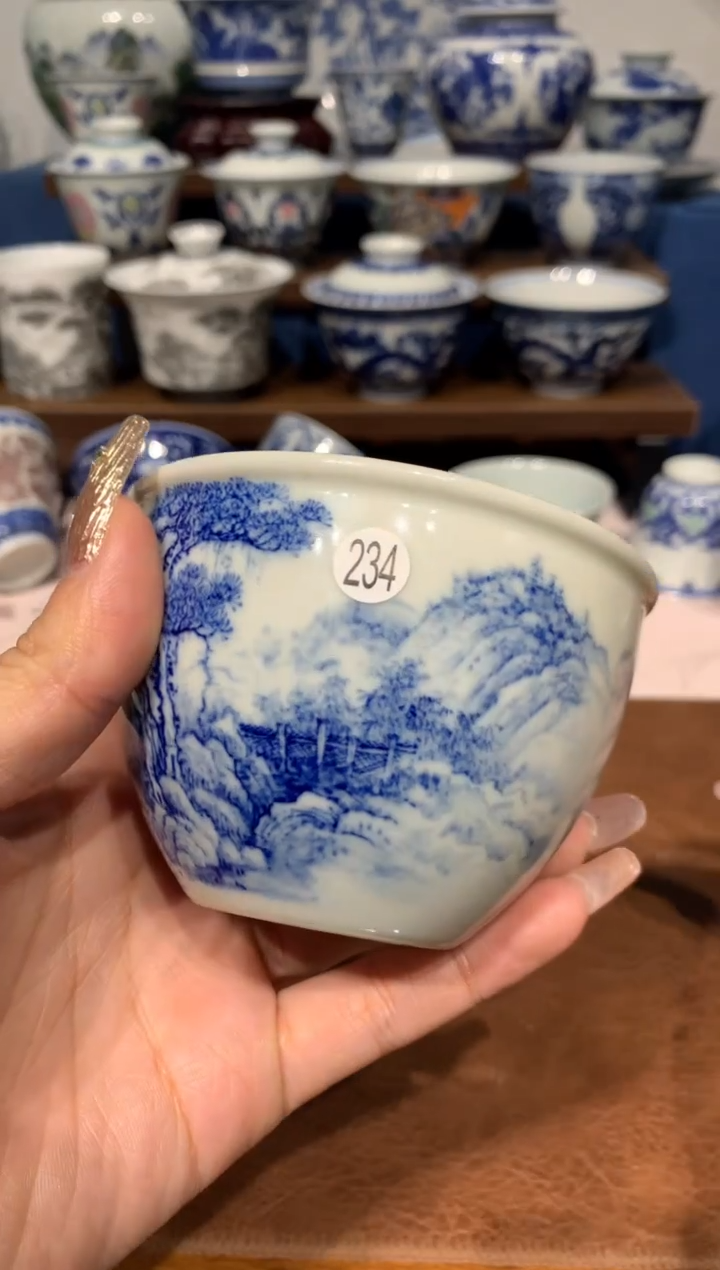 【闪购商品】摆件234青花山水的大缸杯额额