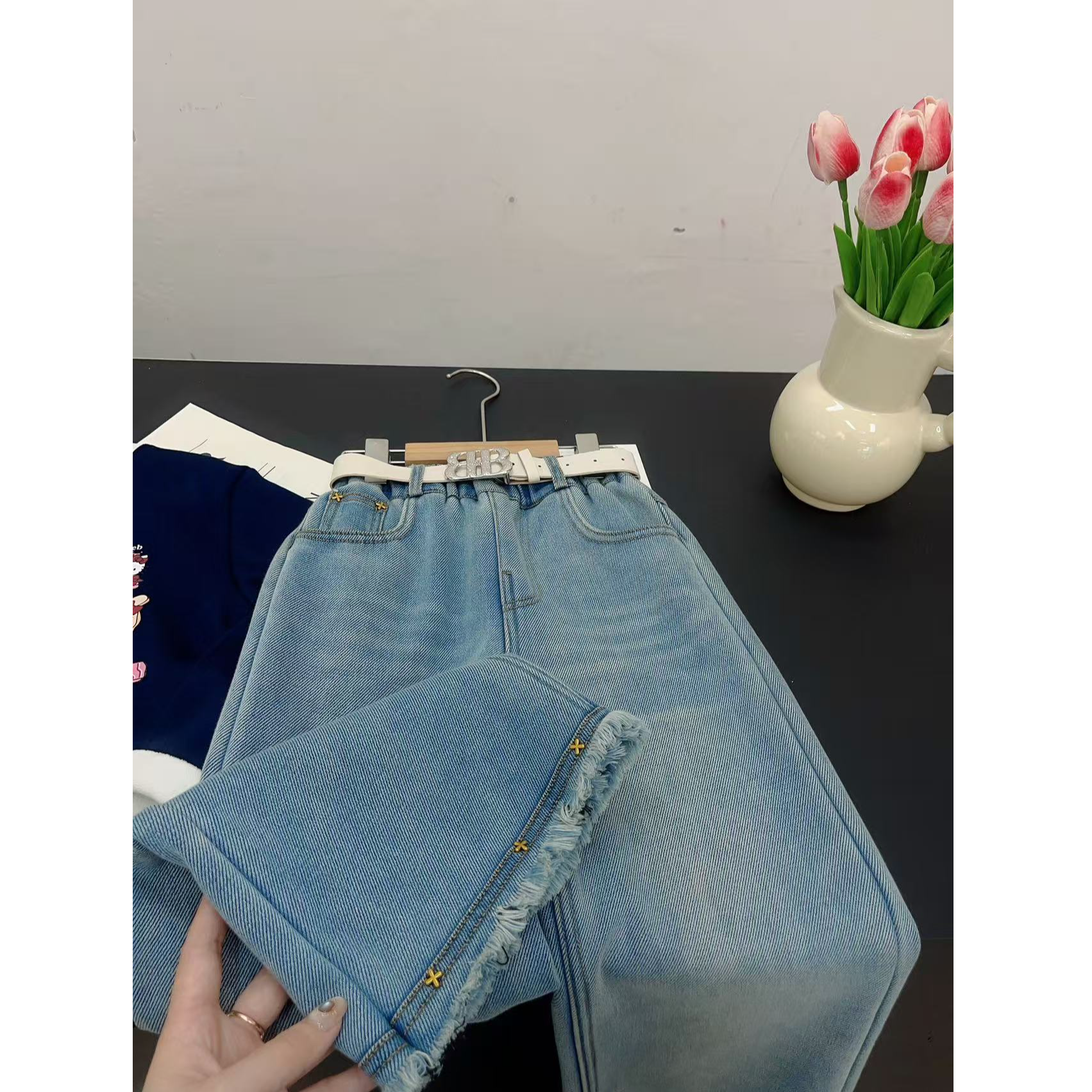 女中大童加绒阔腿牛仔裤直筒修身秋冬款
