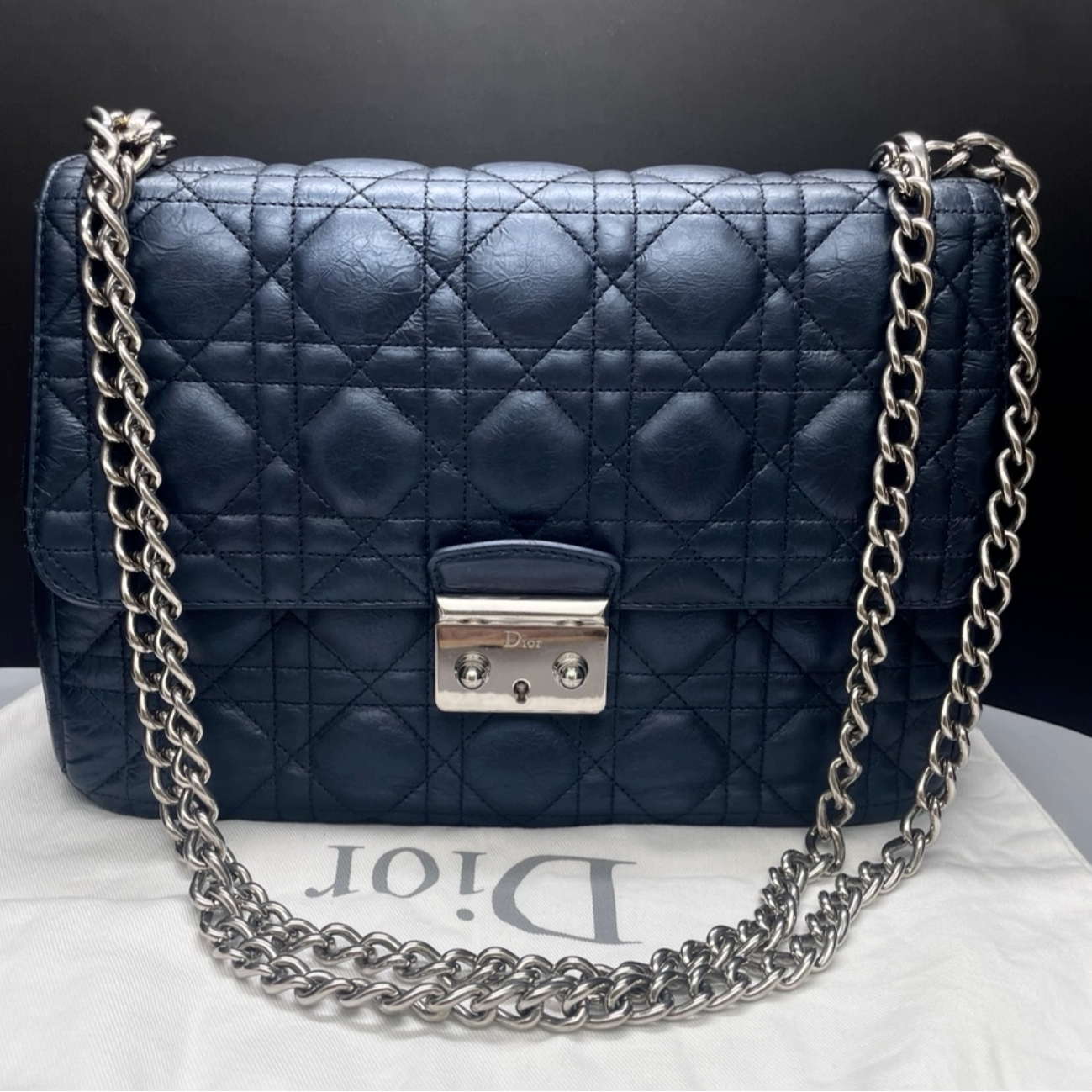 99新 DIOR/迪奥 Dior Miss包 蓝色 藤格纹 牛皮 26 银扣