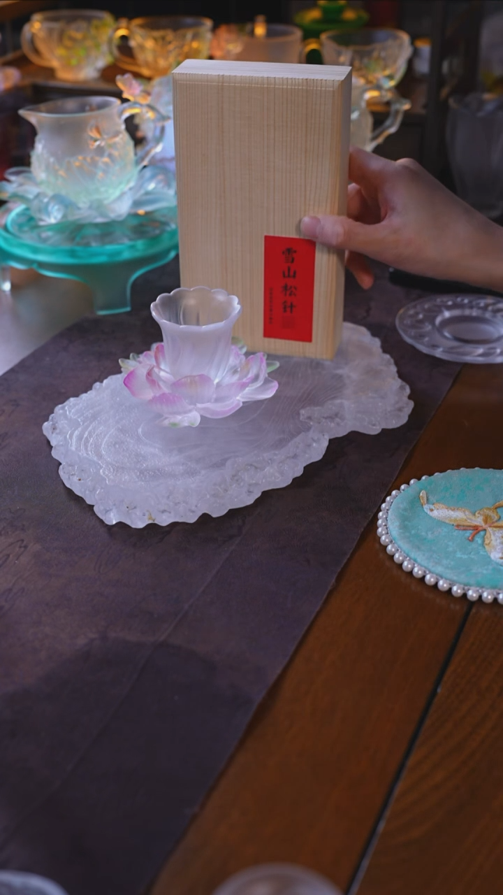 手工艺品琉璃花笺杯+牡丹杯托+雪山松针1盒
