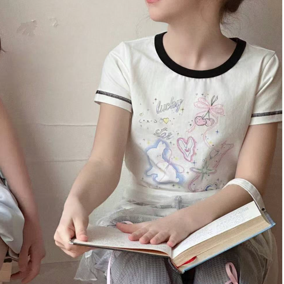 2025夏季新品中大女童韩版宽松卡通印花绣亮片短袖T恤25242