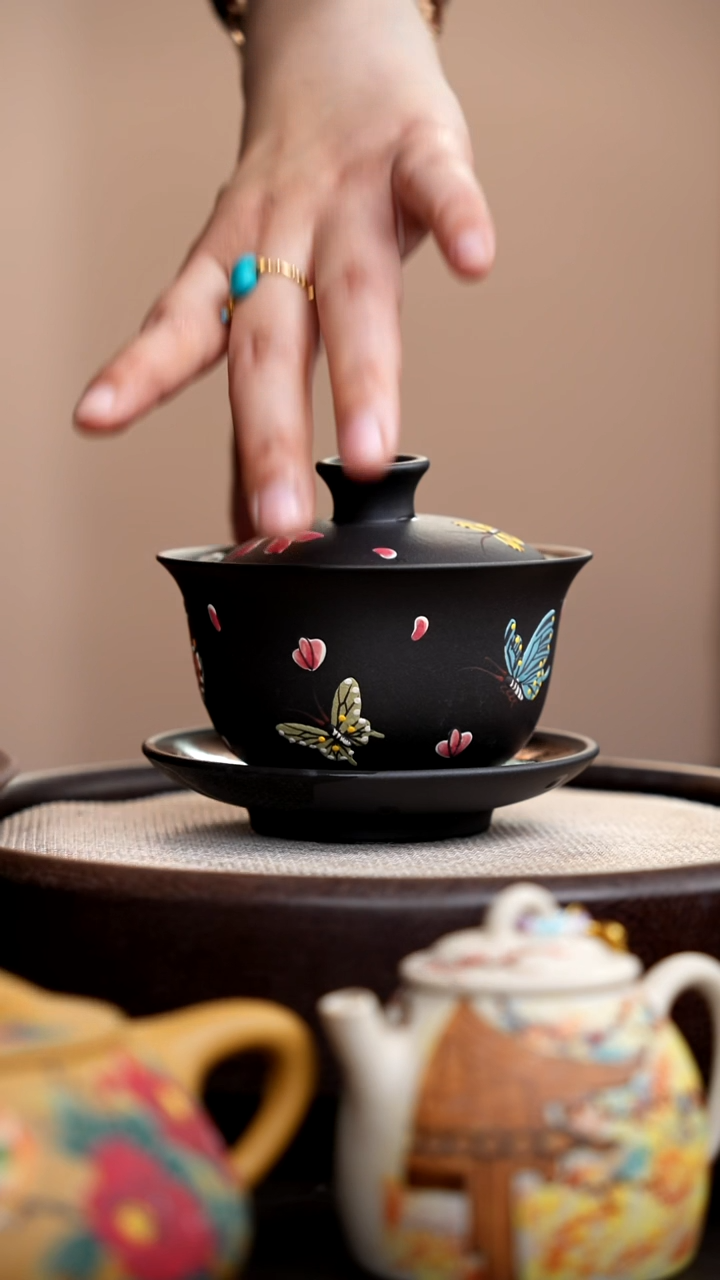 茶壶紫砂云雾天青蝴蝶三才盖碗