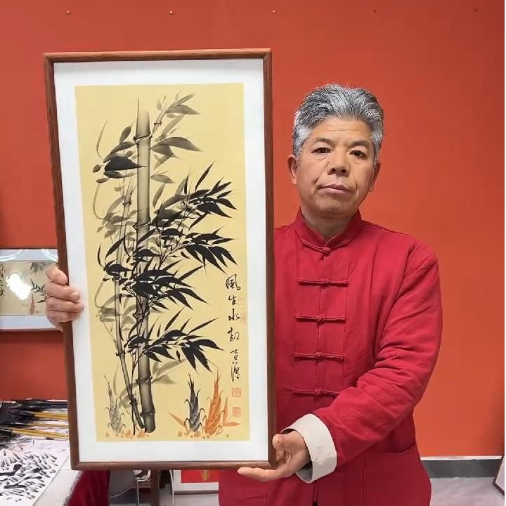 张富民作品/风生水起（乌檀木实木框）（竖版）/36*69厘米左右