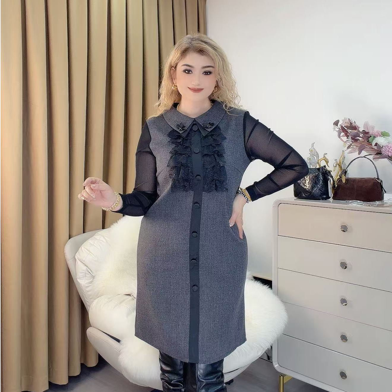 套头款时尚拼接气质慵懒风中长长袖2538款假两件连衣裙