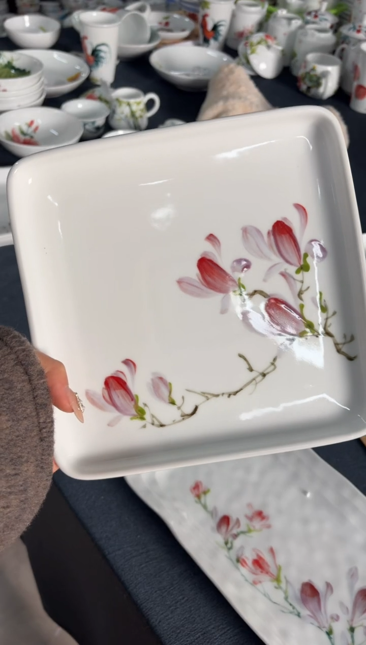 瓷片景德镇高温陶瓷食品级手绘釉中彩-四方盘