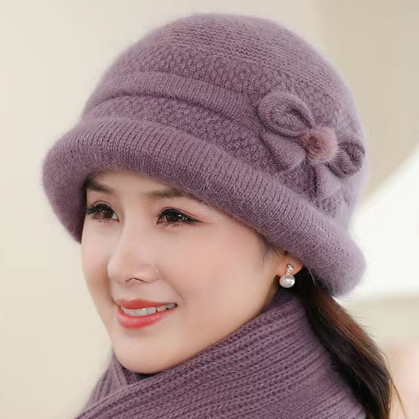 中老年帽子女秋冬兔毛针织盆帽冬季老人妈妈帽老太太帽子棉帽