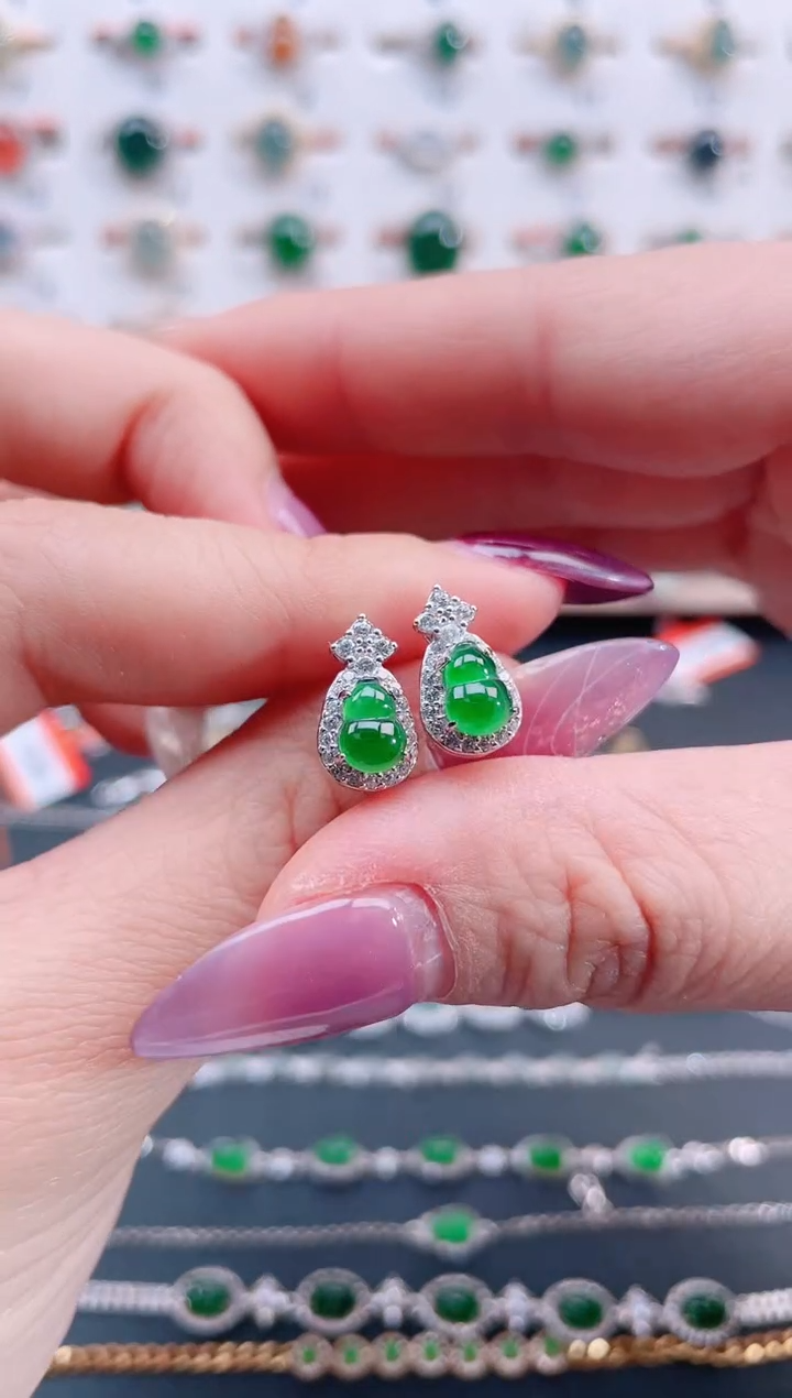 银S925镶嵌翡翠耳饰天然翡翠