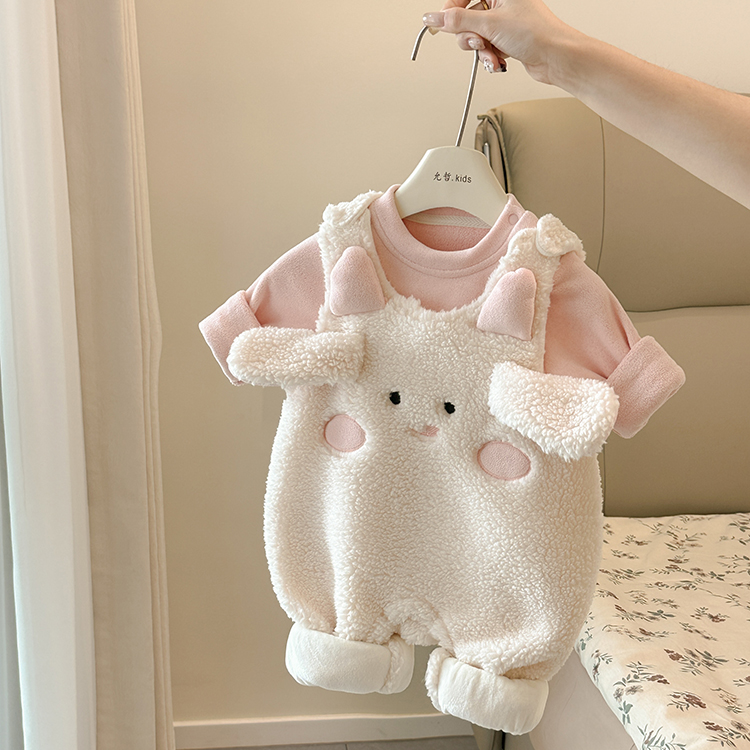 婴儿秋冬套装2025新款女宝宝加绒打底衫夹棉背带裤冬季衣服两件套