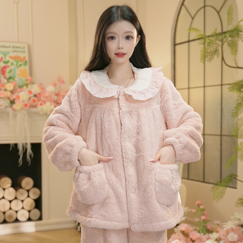 H冬季新款加绒长袖厚款家居服高颜值睡衣套装