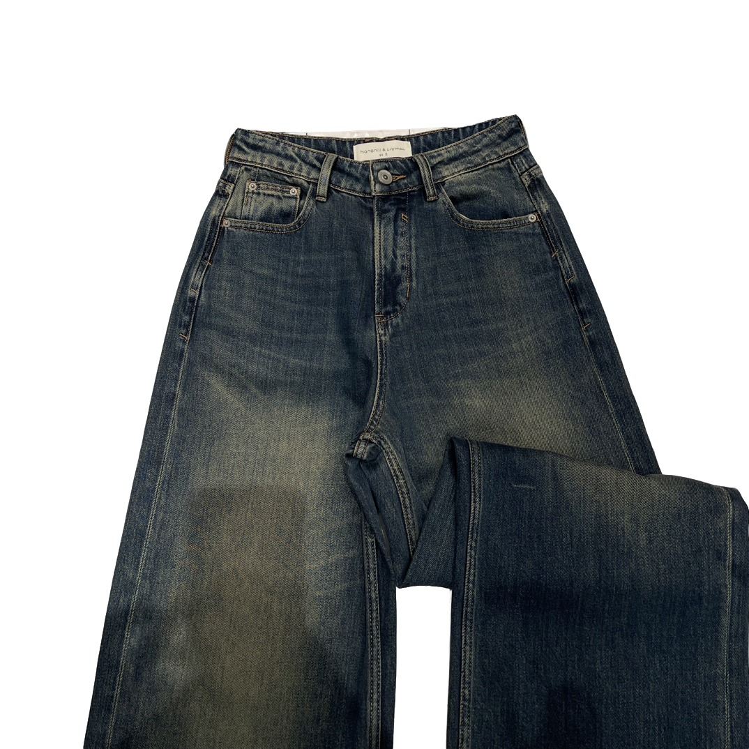 深圳出品TTONE水泥灰高腰显瘦窄版直筒水洗加绒牛仔裤女秋冬