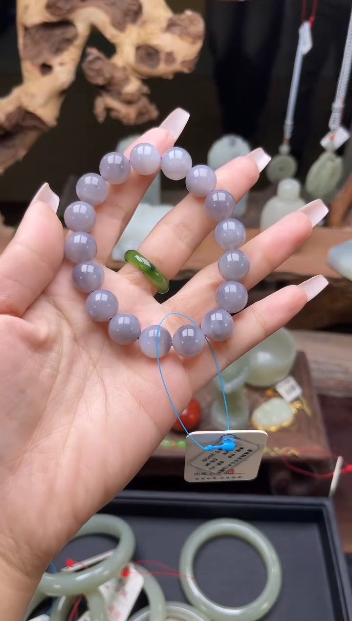 【闪购商品】和田玉手串未镶嵌青海烟紫卡12圆珠 多样性发一