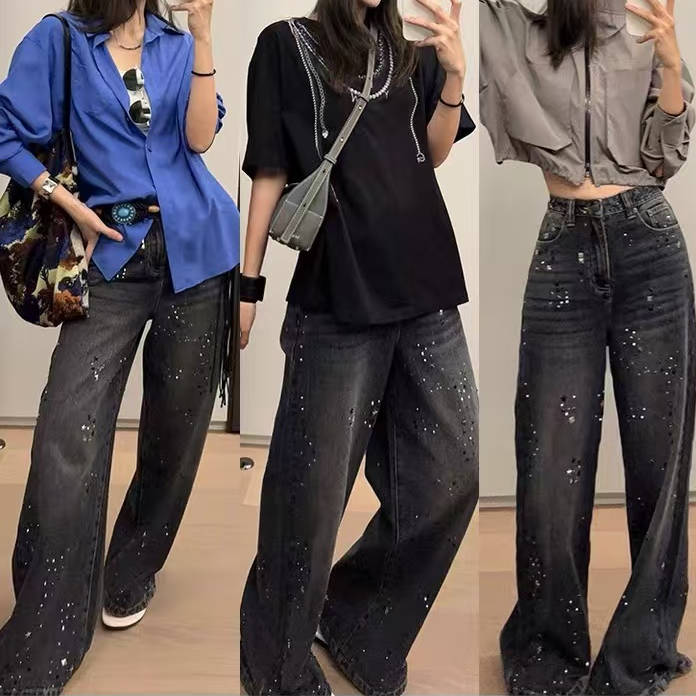 【滴星二号】美洋同款2025秋季新品炫酷个性烫钻高腰阔腿牛仔裤女