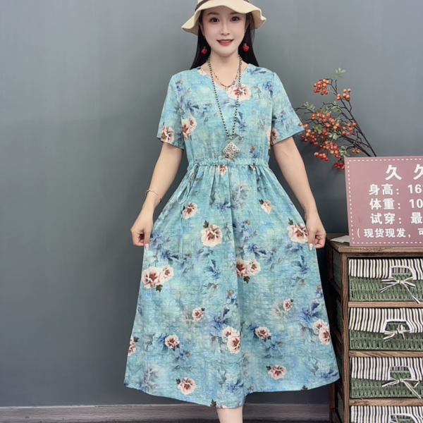 8844夏季短袖蓝色木棉花抽绳连衣裙收腰显瘦裙子