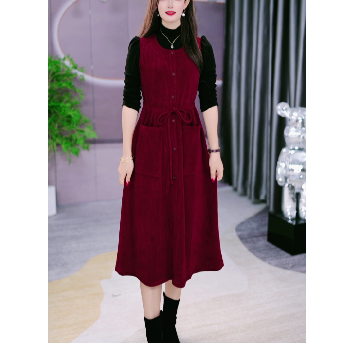 （8520）时尚洋气假两件灯芯绒连衣裙女秋冬季修身显瘦中长款裙子