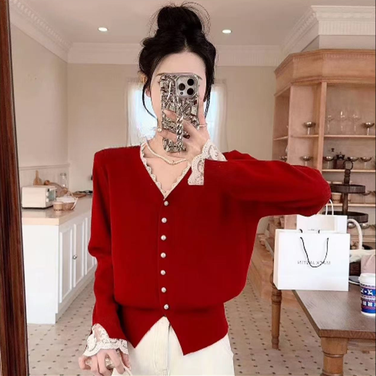 法式V领蕾丝边针织开秋冬新款短毛衣外套掐腰显瘦高级感上衣#9160