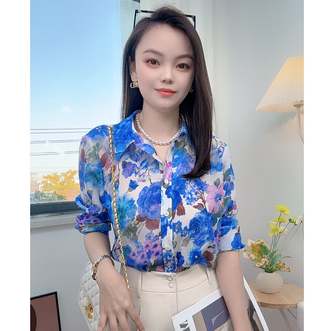 【灿灿】100含丝量真丝桑蚕丝双绉衬衫女春夏港风印花百搭通勤衬衣