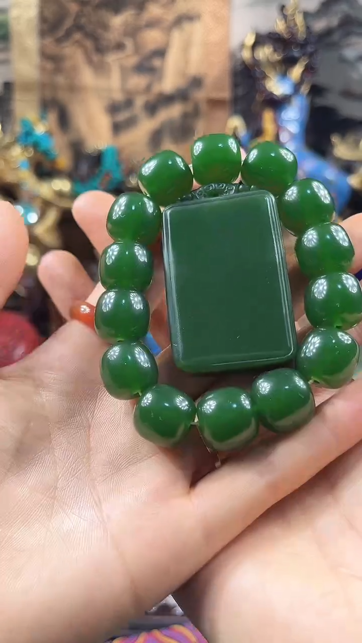 手串未镶嵌和田玉花姐甄选绿色无事牌和手串