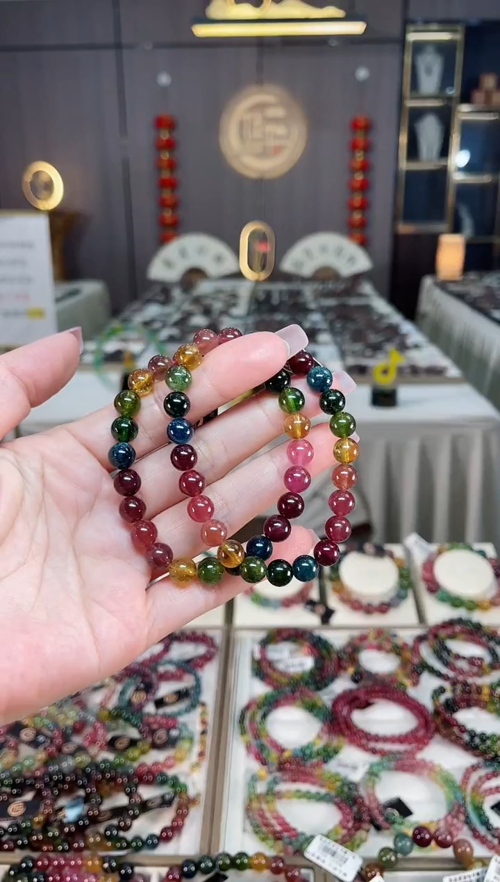 未镶嵌冰透体老矿碧玺色标彩虹单圈手串7mm+碧玺hon多样性发一条