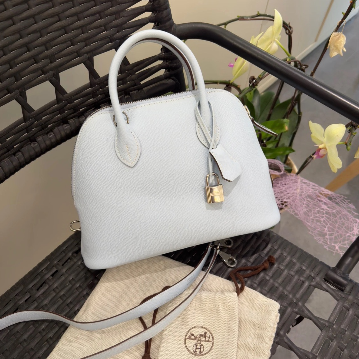 99新 Hermes/爱马仕 保龄球25单肩包/雾霾蓝Z刻/250710SYNAB03