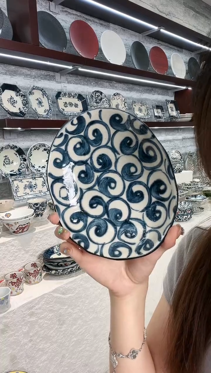 陶宗山窑椭圆甜品盘-旋涡17.5cm